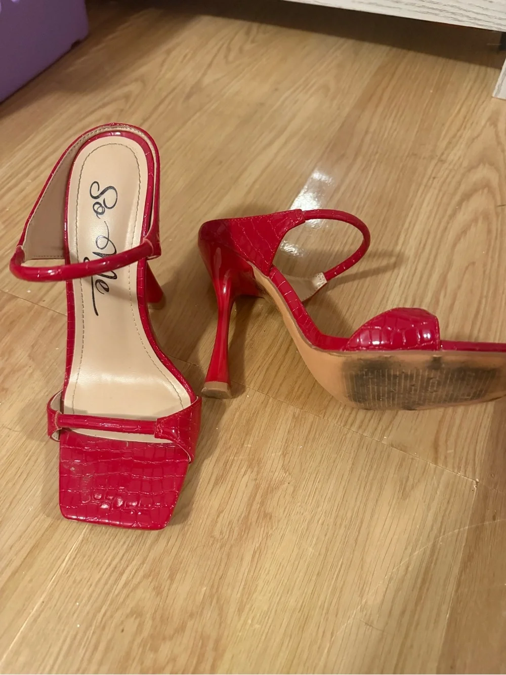 So Me Red Croc-Embossed Square-Toe Strap Heels